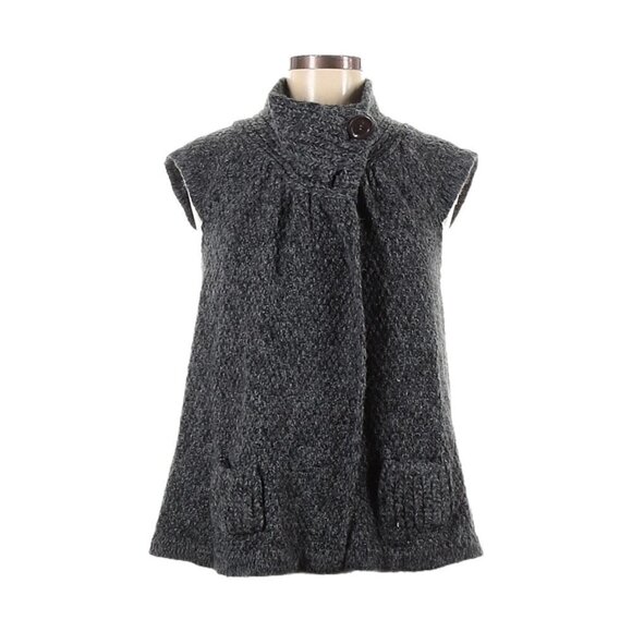 🌺 TopShop Buttoned Mock Neck Cap Sleeve Cardigan Knit Sweater Size 6 Neutral - Picture 1 of 11